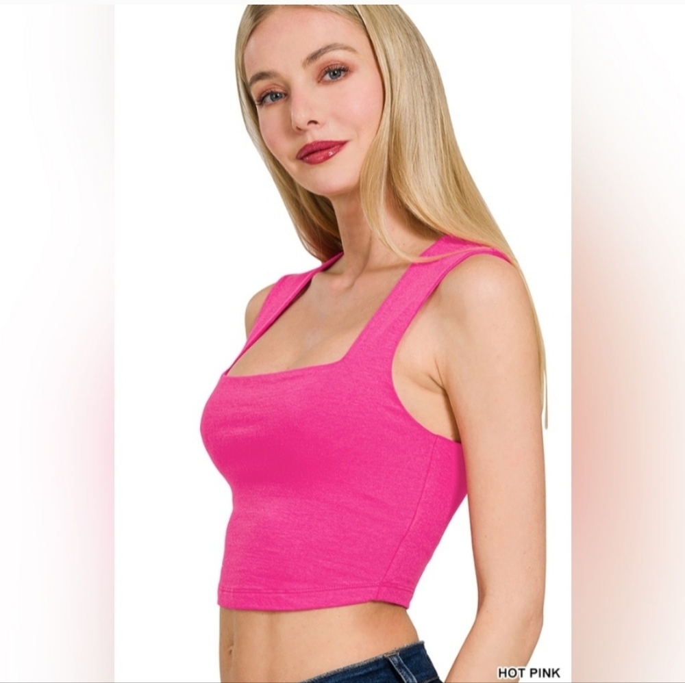 $10 Start Zenena Hot Pink Double Layer Square Neck Cropped Bra Tank NWOT - Picture 2 of 3